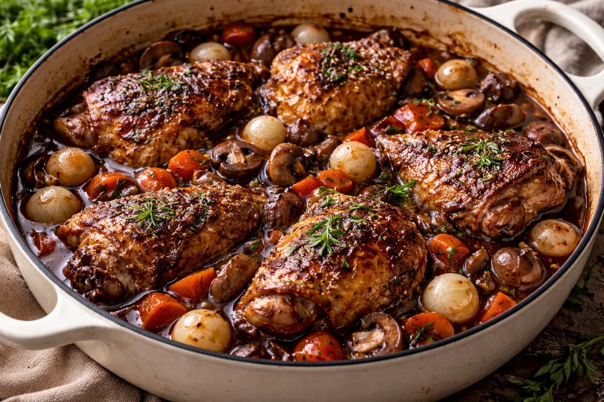 Alt-text: Coq au vin med brynta kycklinglår i fyllig rödvinssås tillsammans med champinjoner, steklök och morötter i ljus gryta.