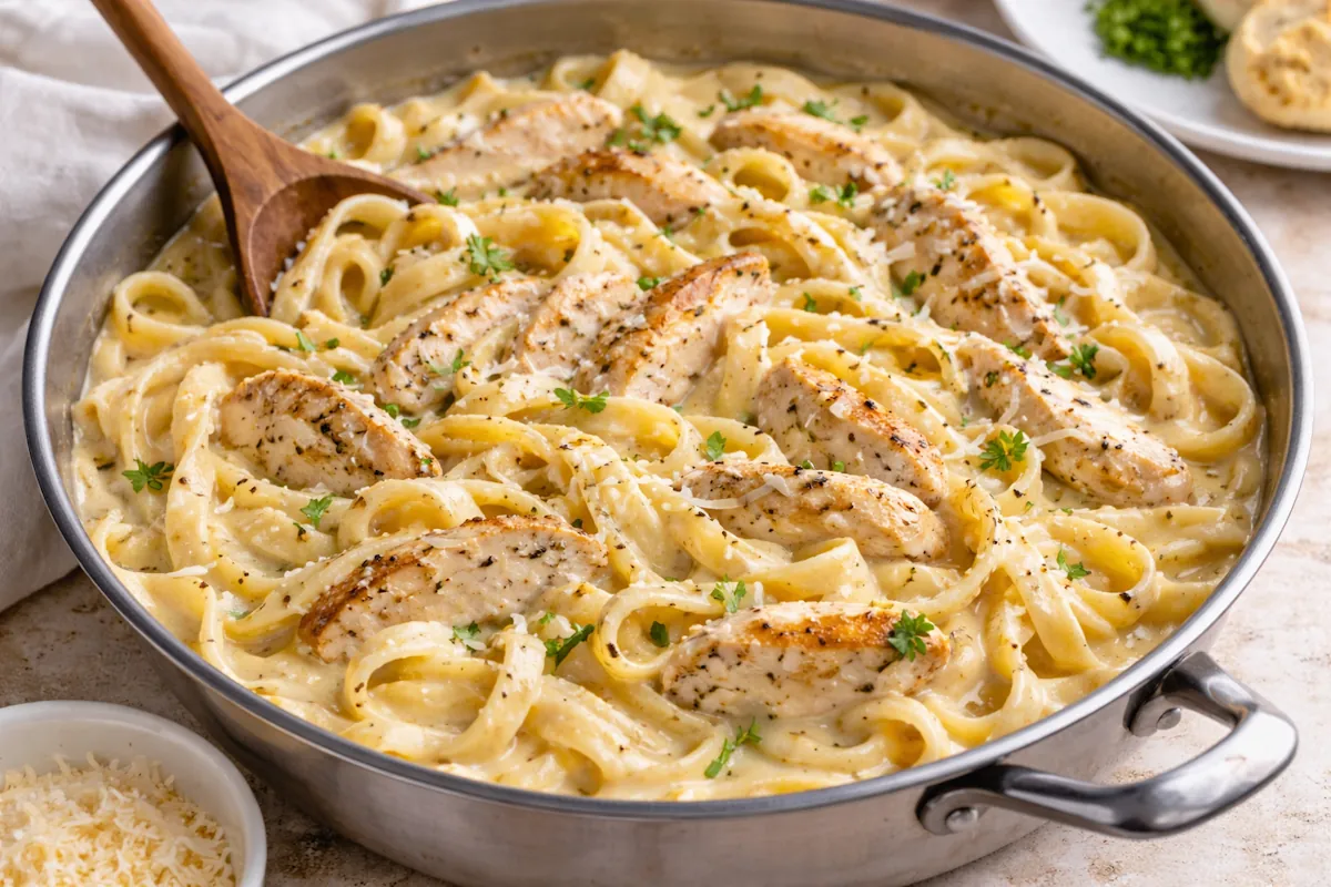 Krämig kyckling alfredo med fettuccine, serverad på tallrik med saftig kyckling i len parmesansås och bred bandpasta som fångar upp såsen.