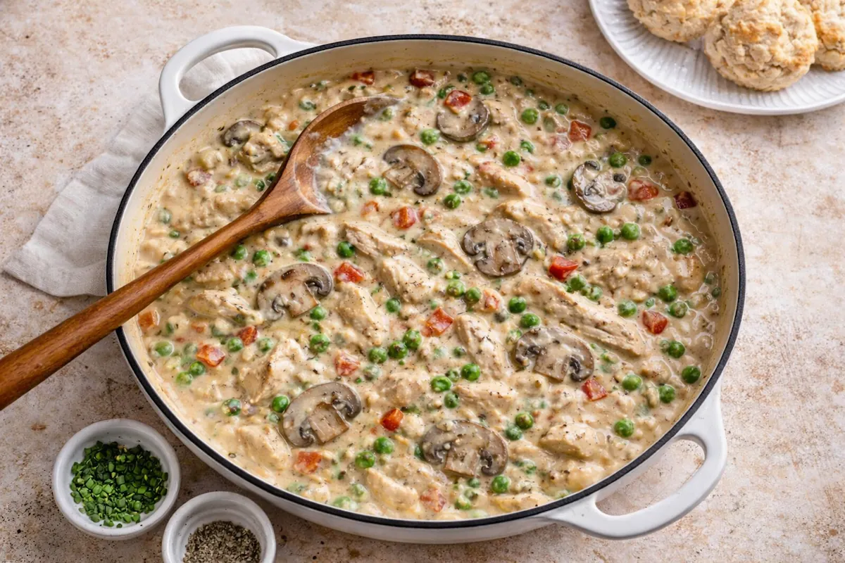 Chicken à la King som krämig gryta med slät gräddsås, kycklingbitar, champinjoner och ärtor, serverad direkt ur grytan.