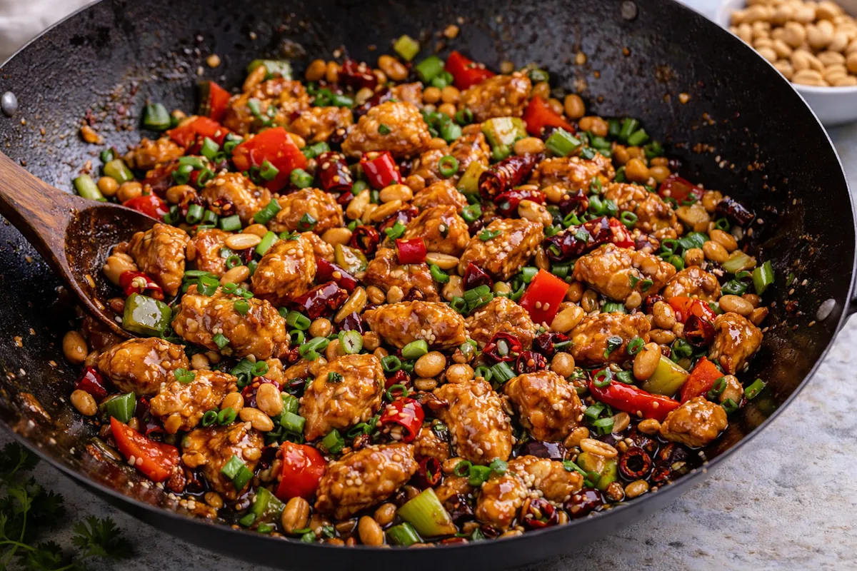 Kung pao chicken med wokad kyckling, chili, jordnötter, paprika och salladslök i mörk, glansig sås.