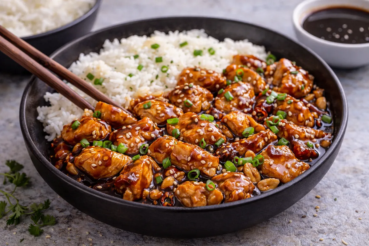 Kyckling teriyaki med glansig söt-salt sås, serverad med ris och toppad med sesamfrön och salladslök.